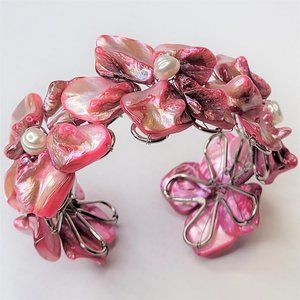 Pink Cuff Bangle with Shell and Pearls Adjustable Bracelet - NEW
